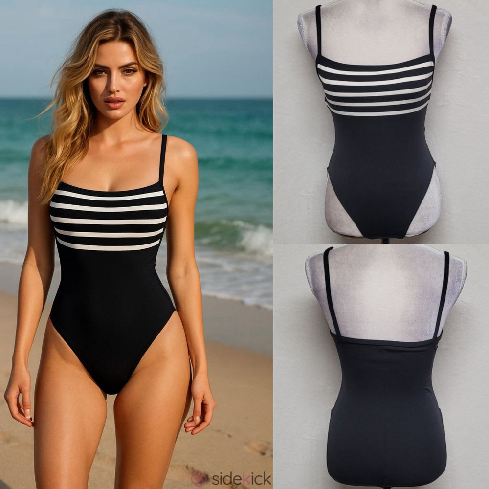 90s Vintage La Blanca Black White Striped Colorblock Mid Coverage Swimsuit 8